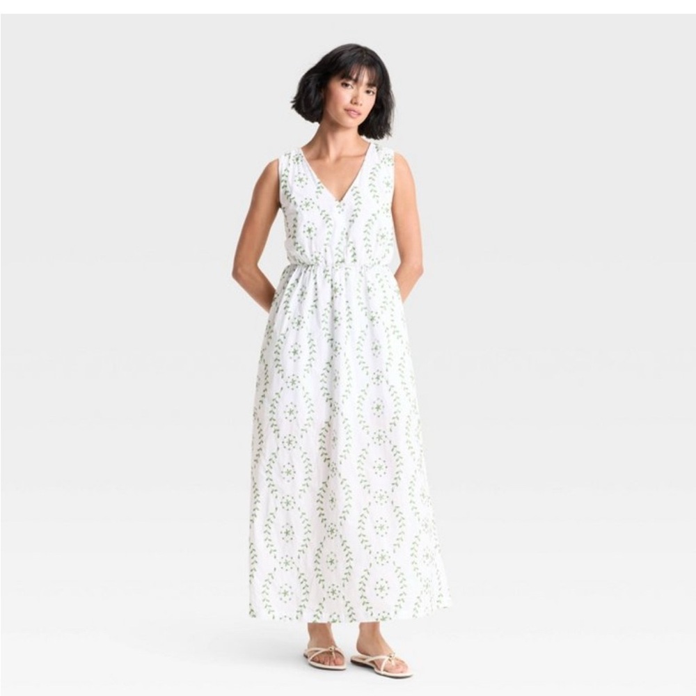 A New Day White and Green V‑Neck Open‑Back Maxi Dress XL New Summer Sundress